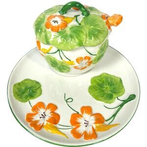 Italian Vintage Jam Jar w/Spoon Lid Underplate-Vibrant Orange Floral Design-Nice